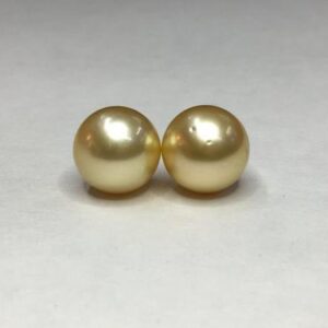 13 MM (Approx.) Natural Golden Color Round Shape Beautiful Real South Sea Water Pearl of Pair Luster AA Personalize Gift Seawater Pearl