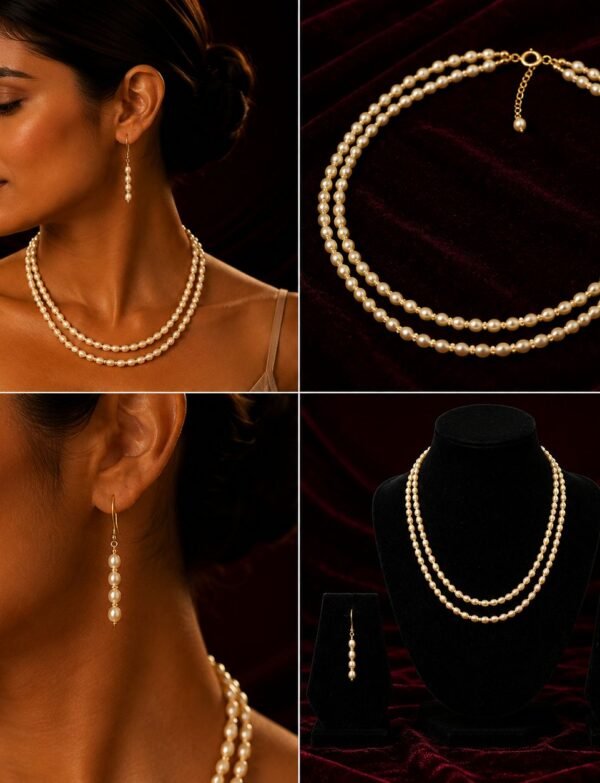 Fresh Water Pearl 2 Line Necklace with Metal Clasp & Earrings