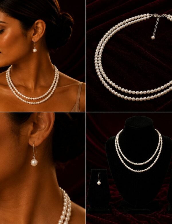 Rice Pearl 2 Line Necklace With Metal Clasp With Silver Tops