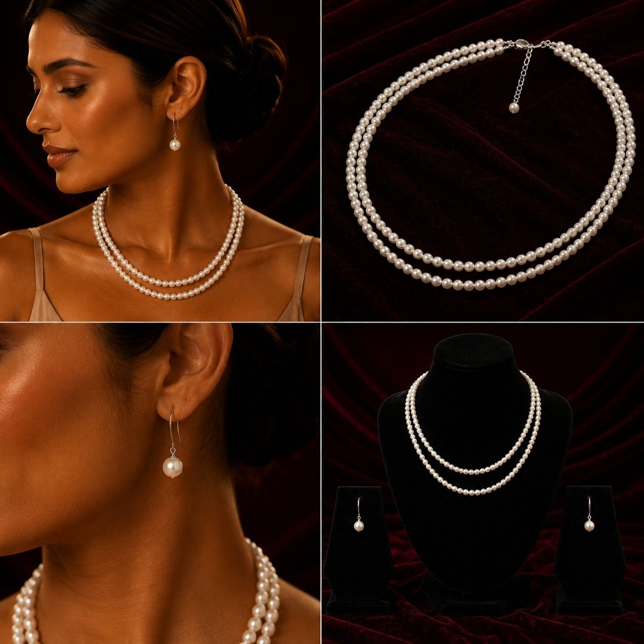 Rice Pearl 2 Line Necklace With Metal Clasp With Silver Tops