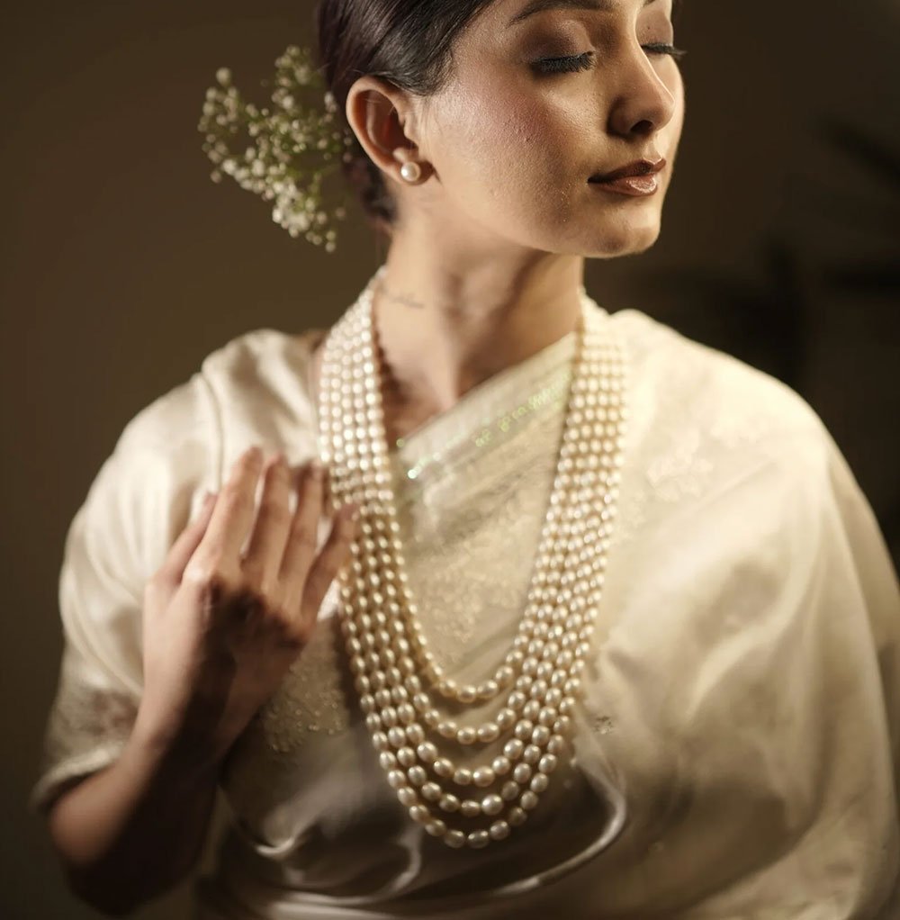 Fresh Water Pearls 5 Line Graduation Necklace With Basra Color Olden Look In Sarafa Thread - Image 5