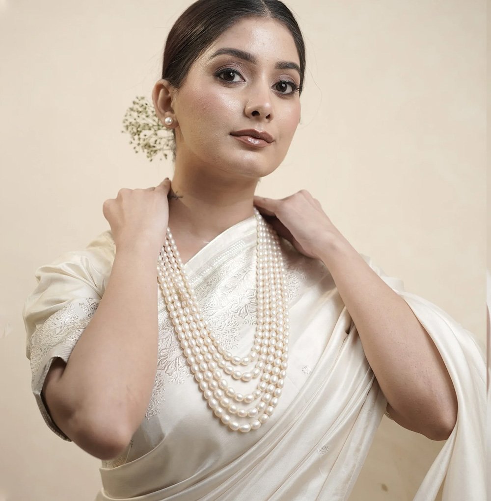 Fresh Water Pearls 5 Line Graduation Necklace With Basra Color Olden Look In Sarafa Thread - Image 3