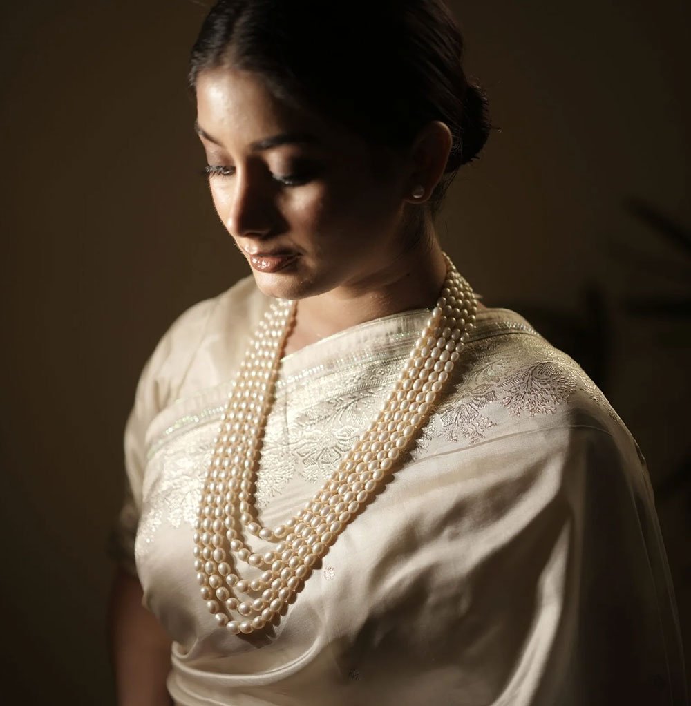 Fresh Water Pearls 5 Line Graduation Necklace With Basra Color Olden Look In Sarafa Thread - Image 4