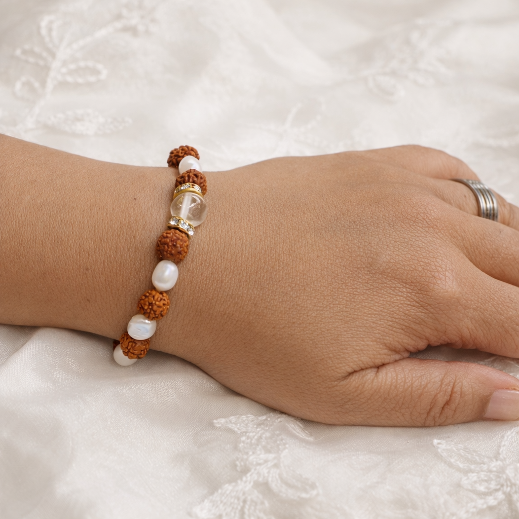 Rudraksha Pearl Crystal Bracelet With Silver Hook With Metal Ring - Image 2