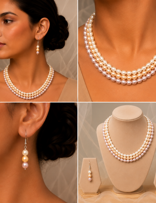 3 Line & 3 Tone Necklace with Earrings