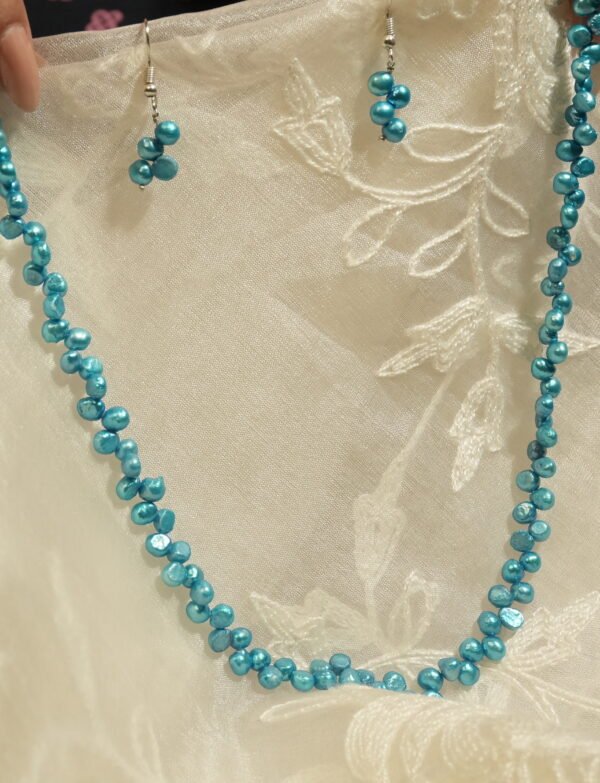 Blue Colour Fresh Water Pearl Necklace with Earrings