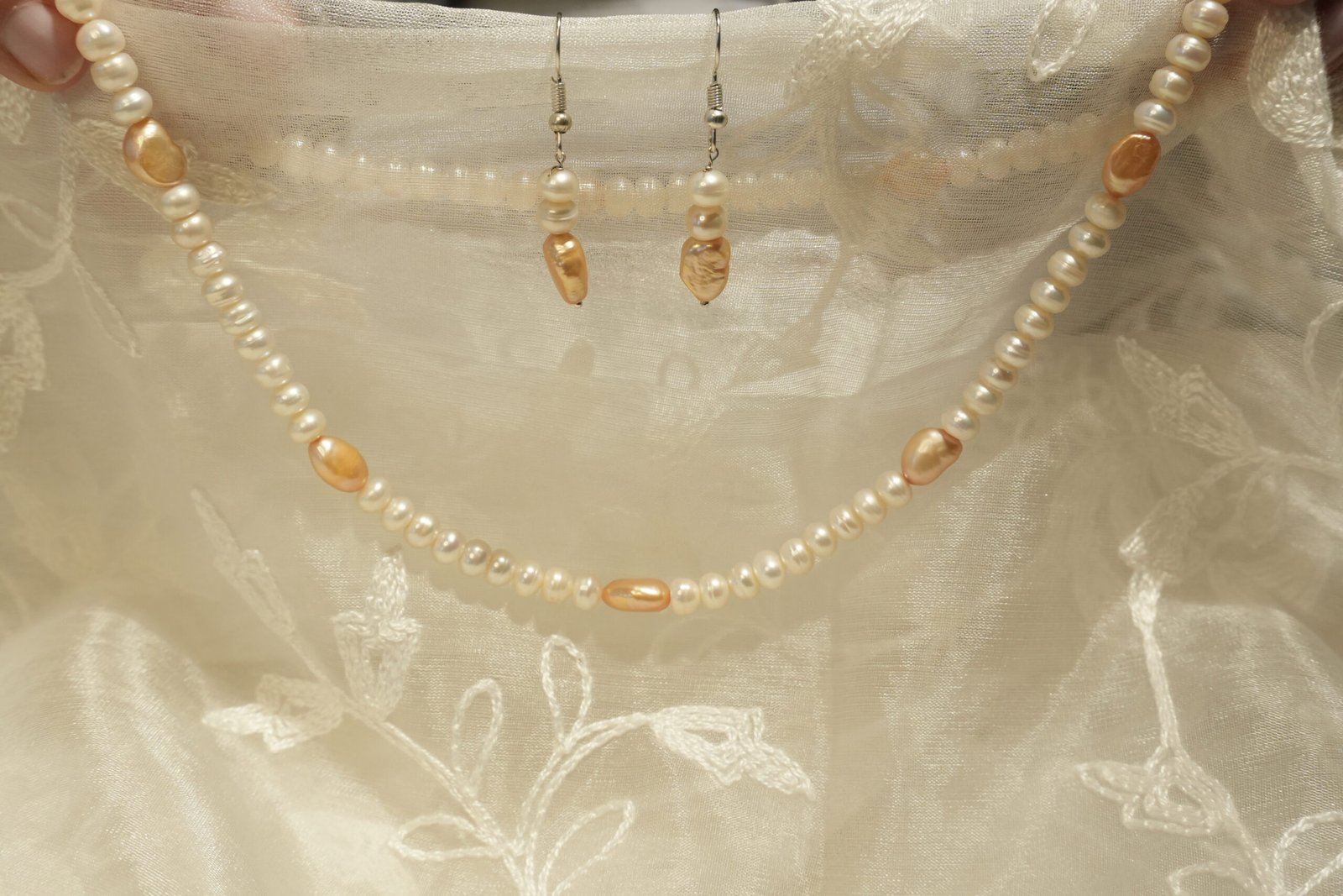 Fresh Water Pearl Necklace With Metal Clasp With Metal Earrings - Image 2