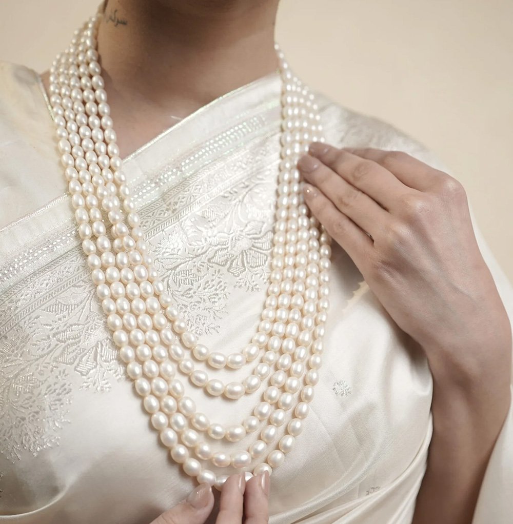 Fresh Water Pearls 5 Line Graduation Necklace With Basra Color Olden Look In Sarafa Thread