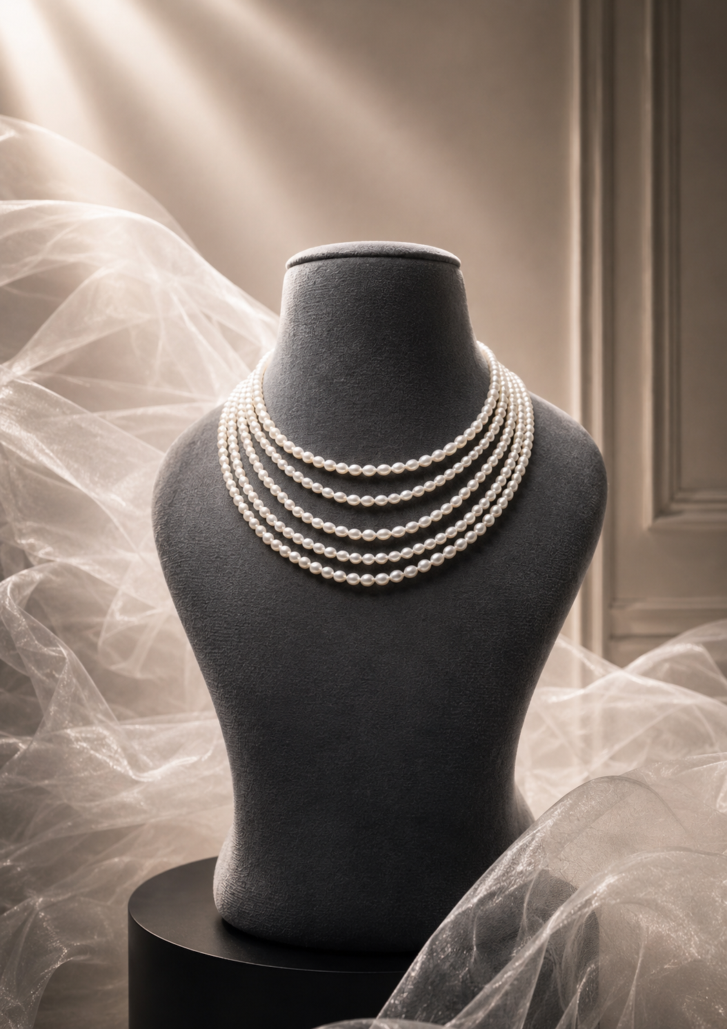 Rice Pearl 5 Line Necklace With Metal Clasp