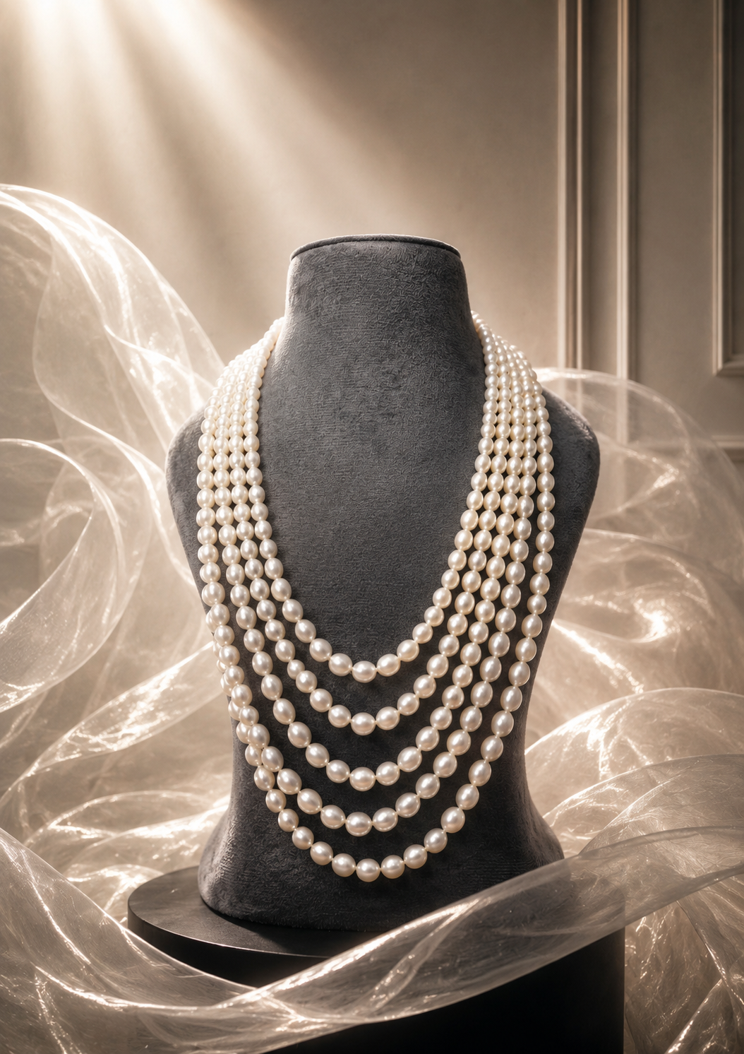Fresh Water Pearls 5 Line Graduation Necklace With Basra Color Olden Look In Sarafa Thread - Image 2