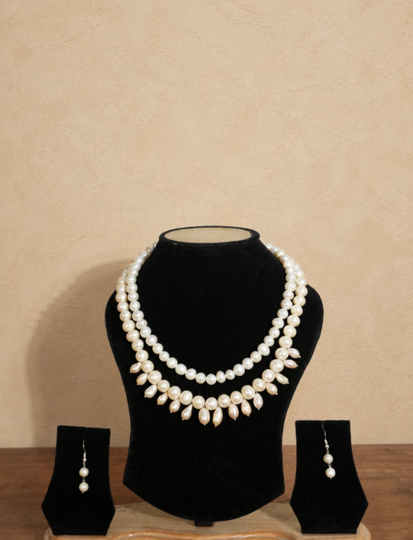 Fresh Water Pearl 2 line Necklace with Metal Clasp with Metal Earrings