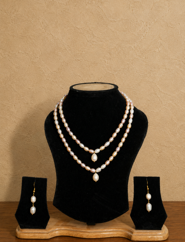 Fresh Water Pearl 2 line Necklace with Metal Clasp with Metal Earrings