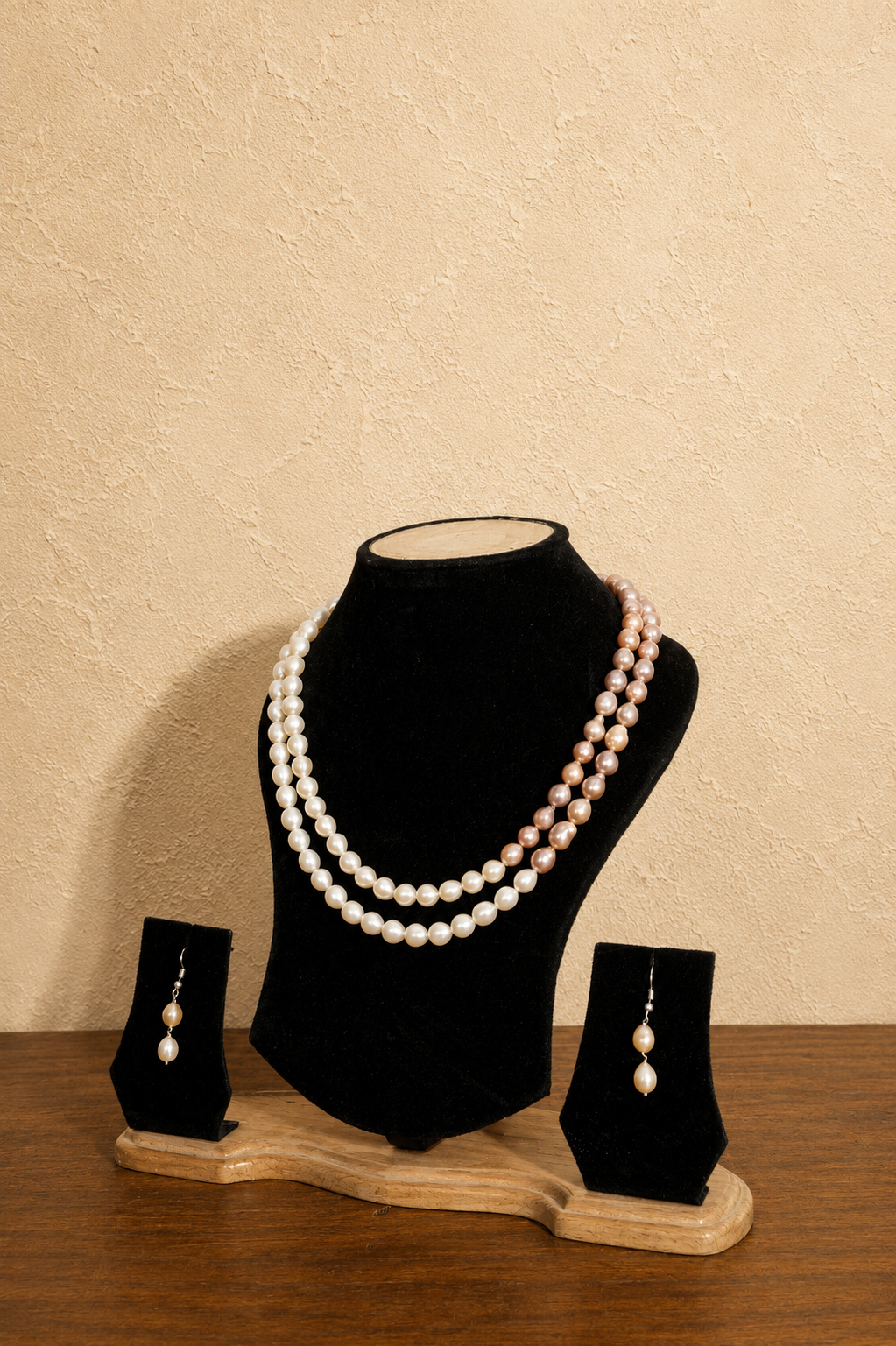 Fresh Water Pearl 2 line Necklace with Metal Clasp with Metal Earrings - Image 2