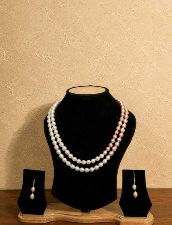 Fresh Water Pearl 2 line Necklace with Metal Clasp with Metal Earrings