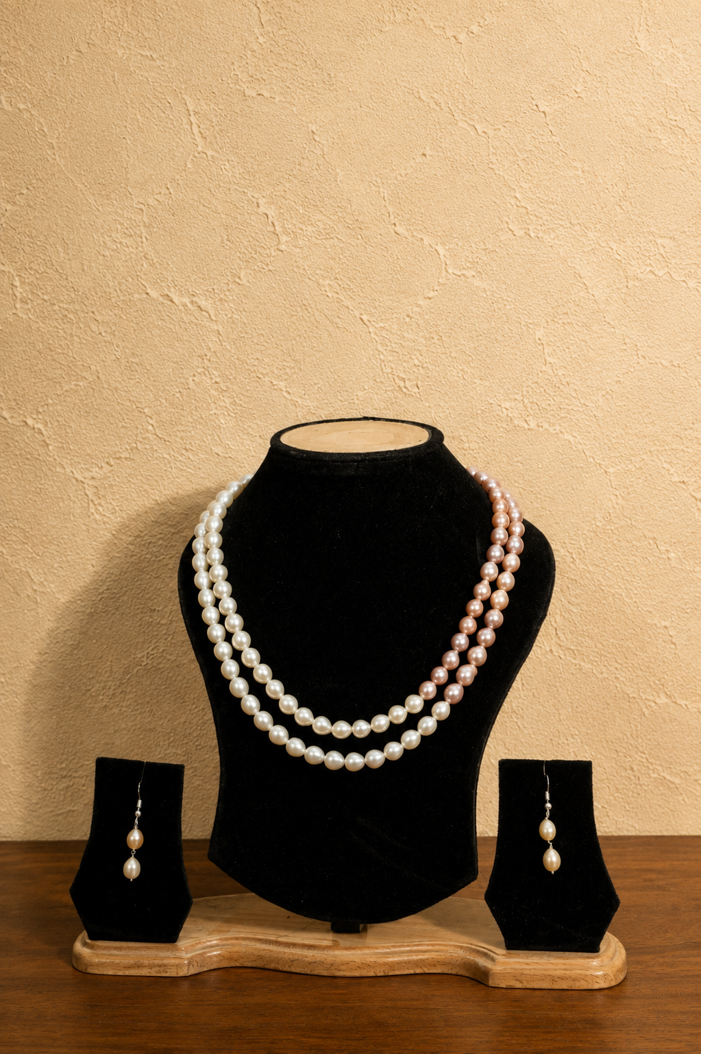 Fresh Water Pearl 2 line Necklace with Metal Clasp with Metal Earrings