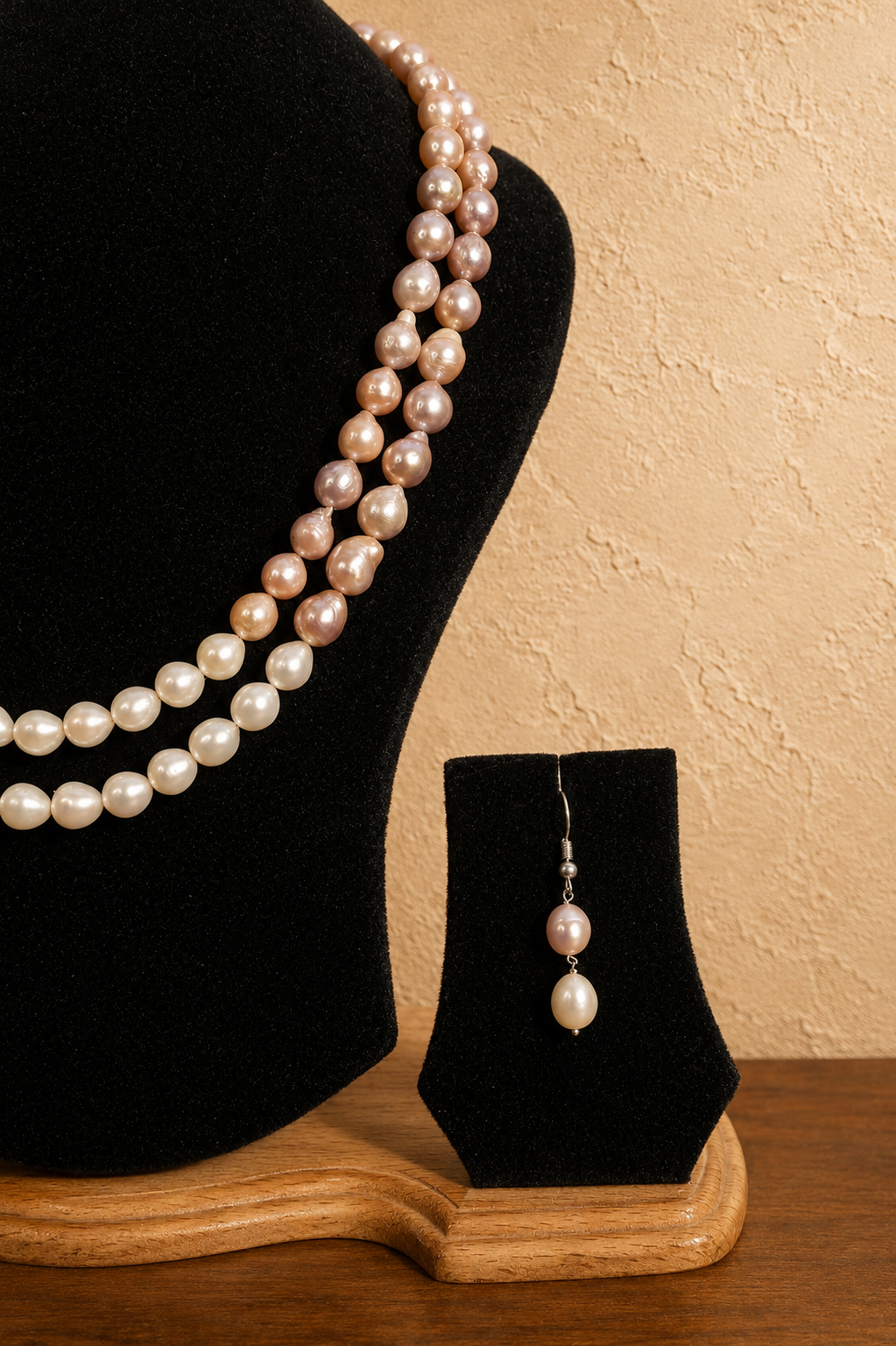 Fresh Water Pearl 2 line Necklace with Metal Clasp with Metal Earrings - Image 3