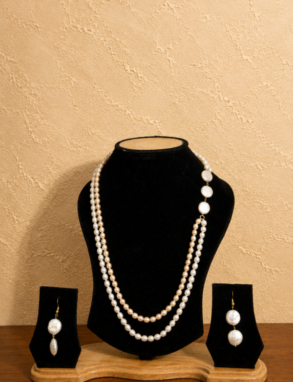 Fresh Water Pearl 2 line Necklace with Metal Clasp with Metal Earrings