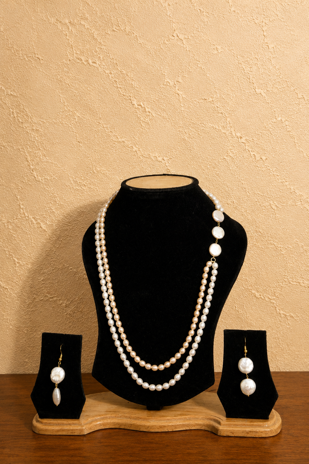 Fresh Water Pearl 2 line Necklace with Metal Clasp with Metal Earrings