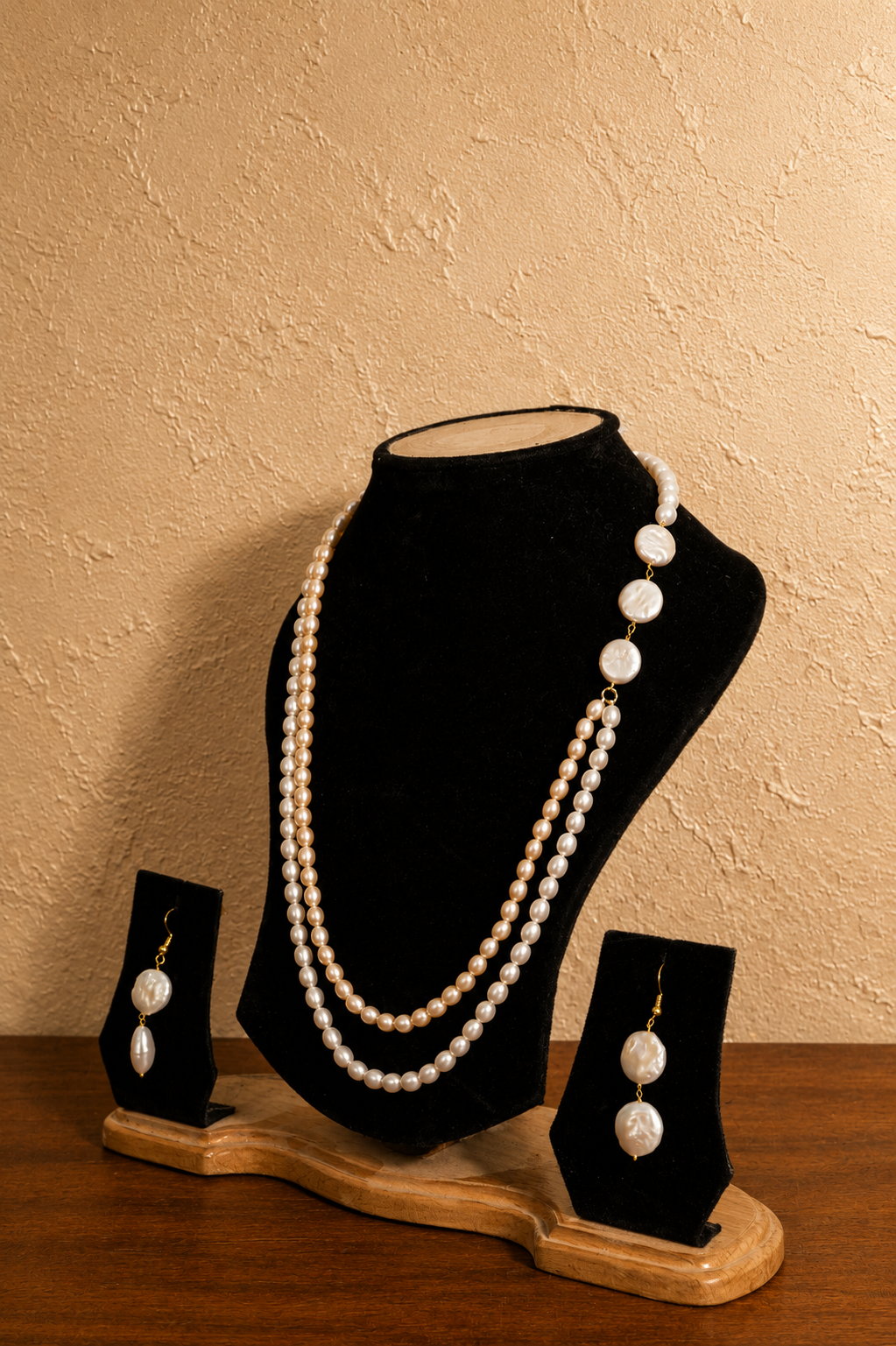 Fresh Water Pearl 2 line Necklace with Metal Clasp with Metal Earrings - Image 2