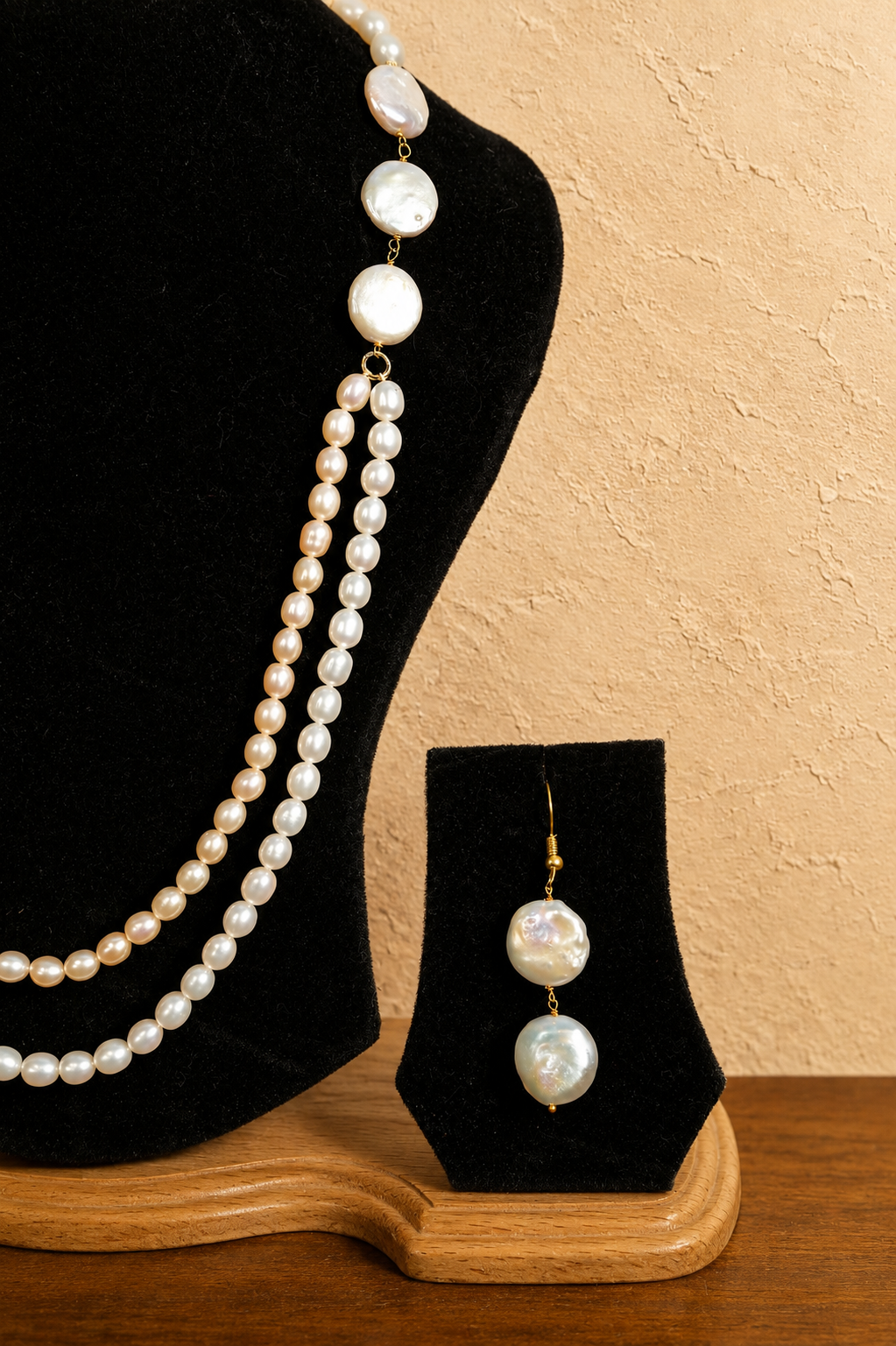 Fresh Water Pearl 2 line Necklace with Metal Clasp with Metal Earrings - Image 3