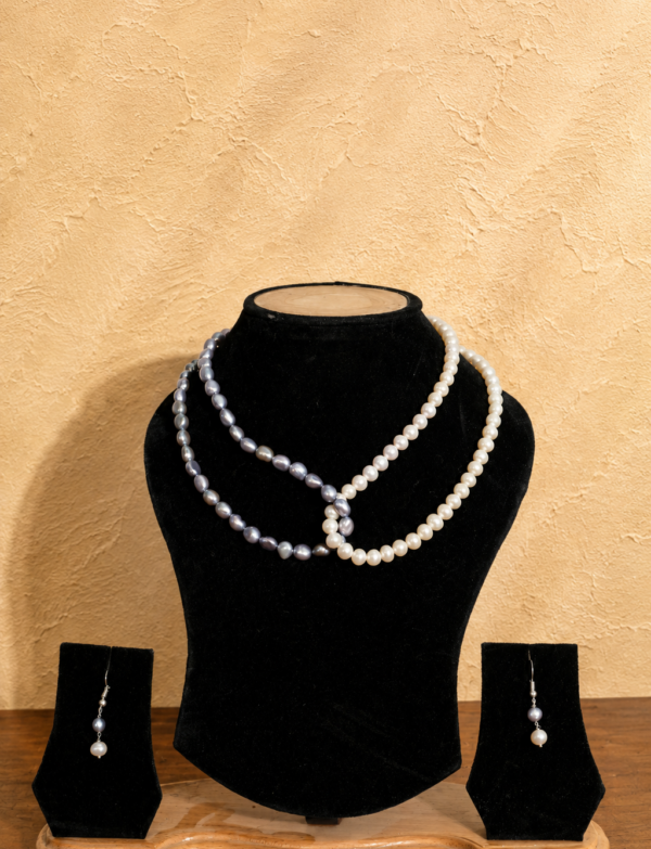 Fresh Water Pearl 2 line Necklace with Metal Clasp with Metal Earrings