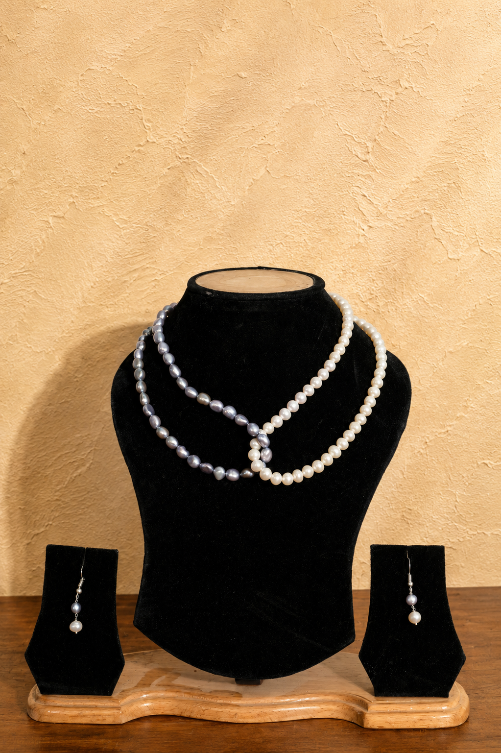 Fresh Water Pearl 2 line Necklace with Metal Clasp with Metal Earrings