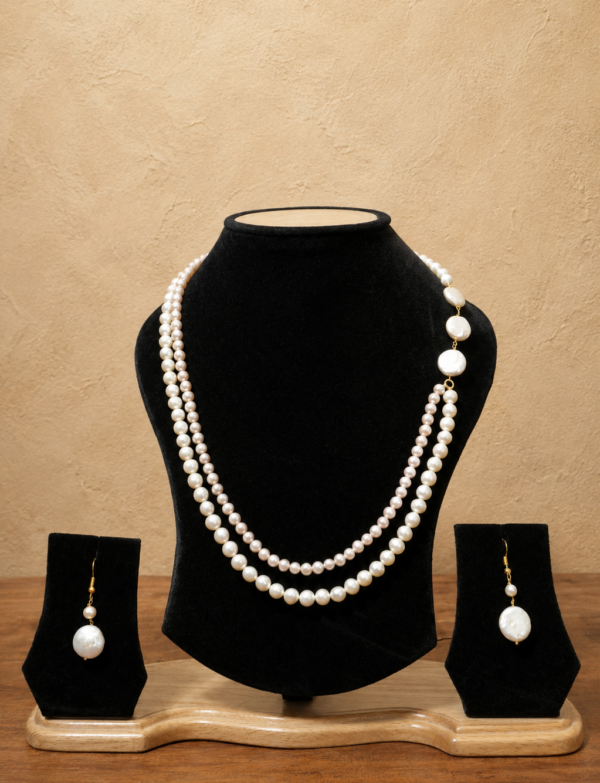 Fresh Water Pearl 2 line Necklace with Metal Clasp with Metal Earrings