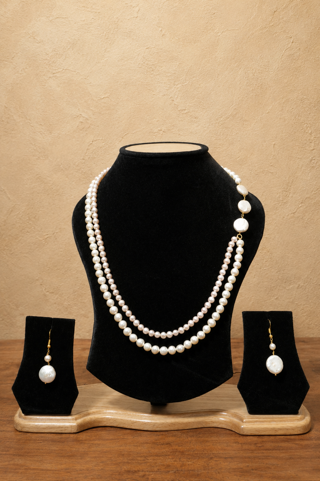 Fresh Water Pearl 2 line Necklace with Metal Clasp with Metal Earrings