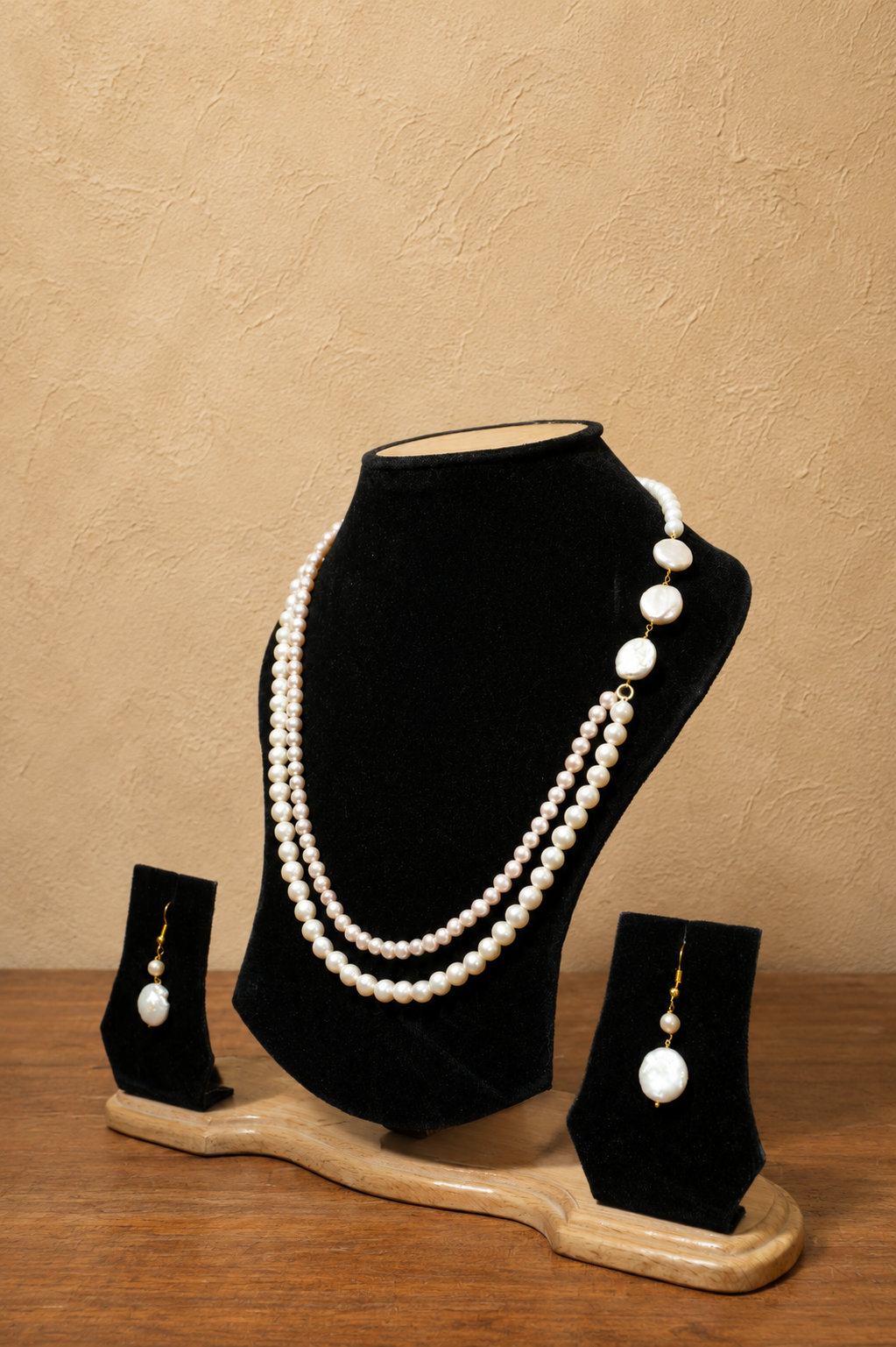 Fresh Water Pearl 2 line Necklace with Metal Clasp with Metal Earrings - Image 2