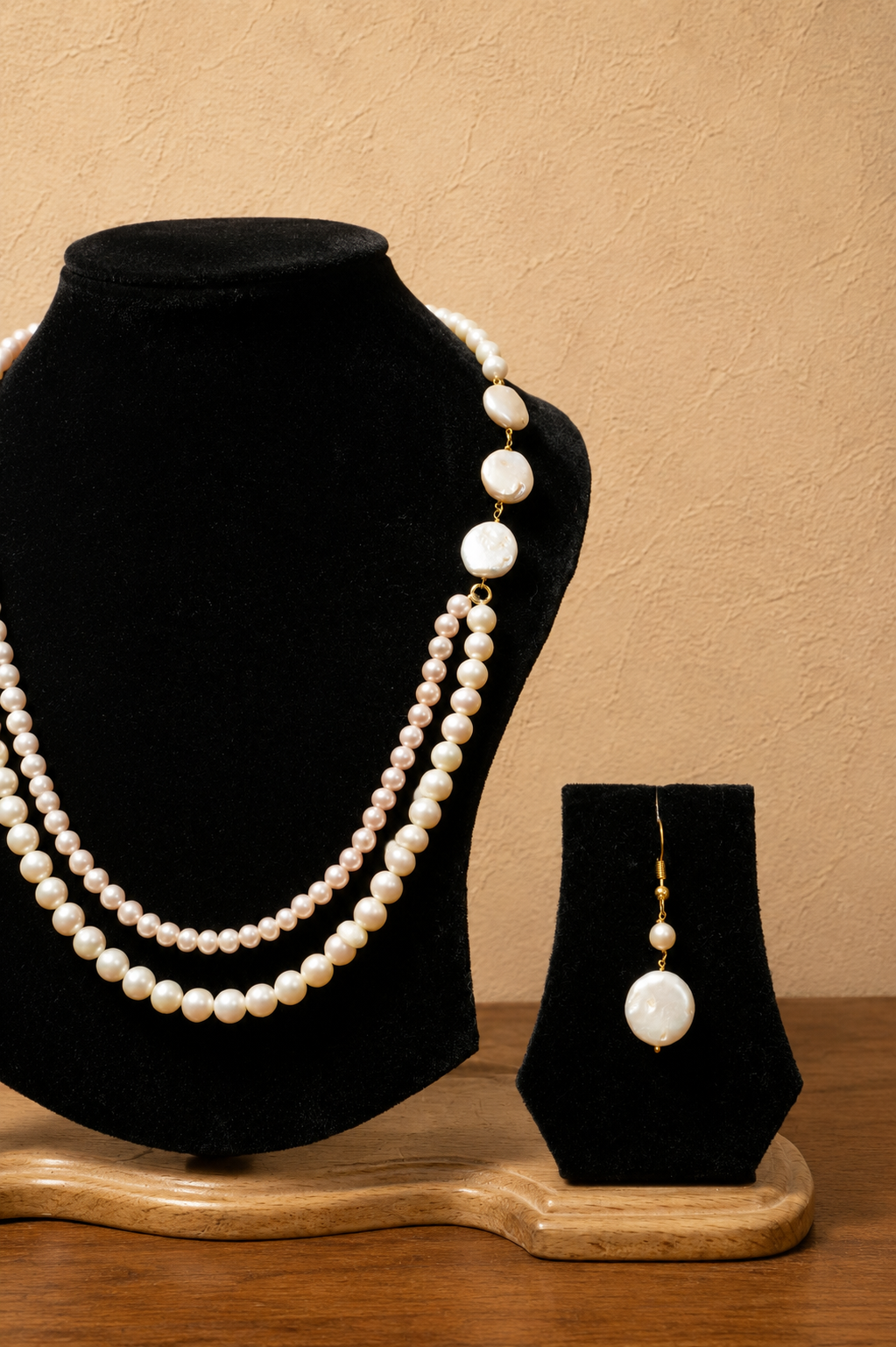 Fresh Water Pearl 2 line Necklace with Metal Clasp with Metal Earrings - Image 3