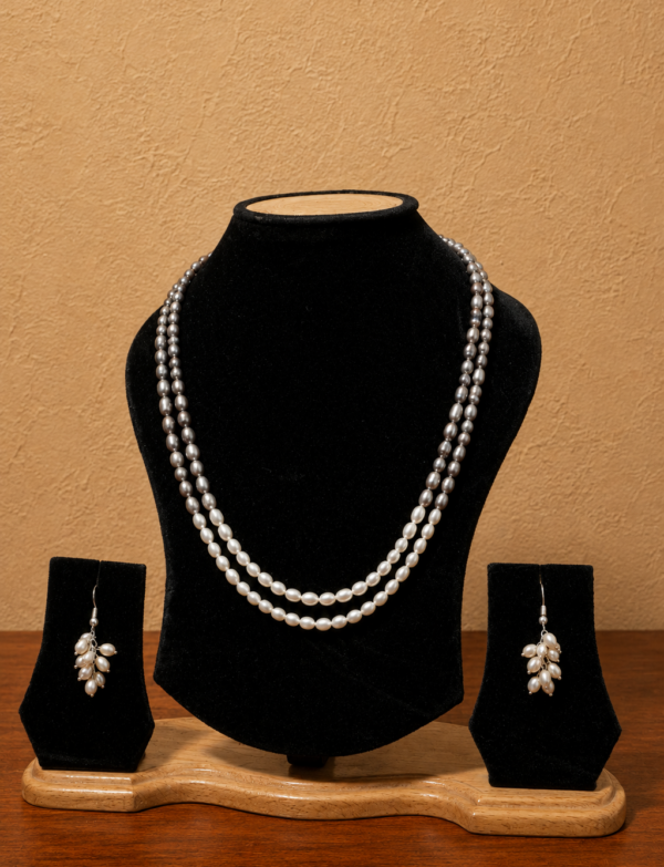 Fresh Water Pearl 2 line Necklace with Metal Clasp with Metal Earrings