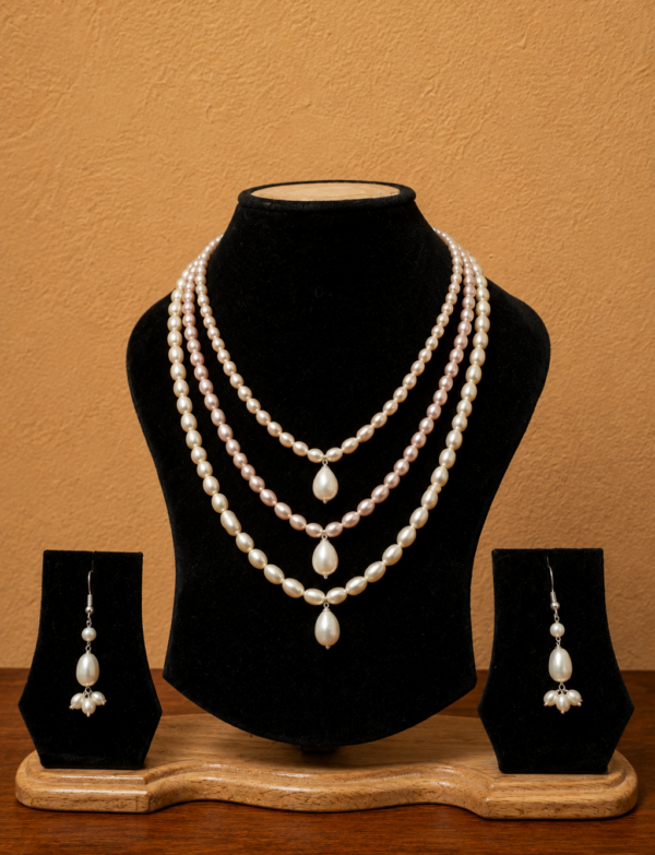 Fresh Water Pearl 3 line Necklace with Metal Clasp with Metal Earrings