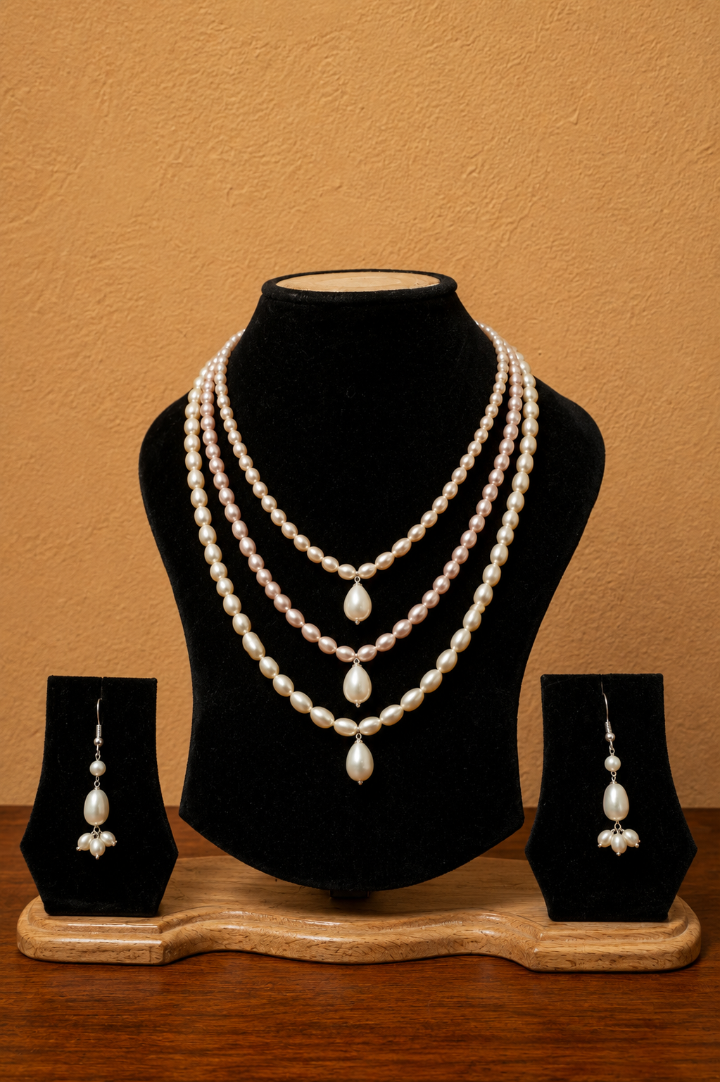 Fresh Water Pearl 3 line Necklace with Metal Clasp with Metal Earrings