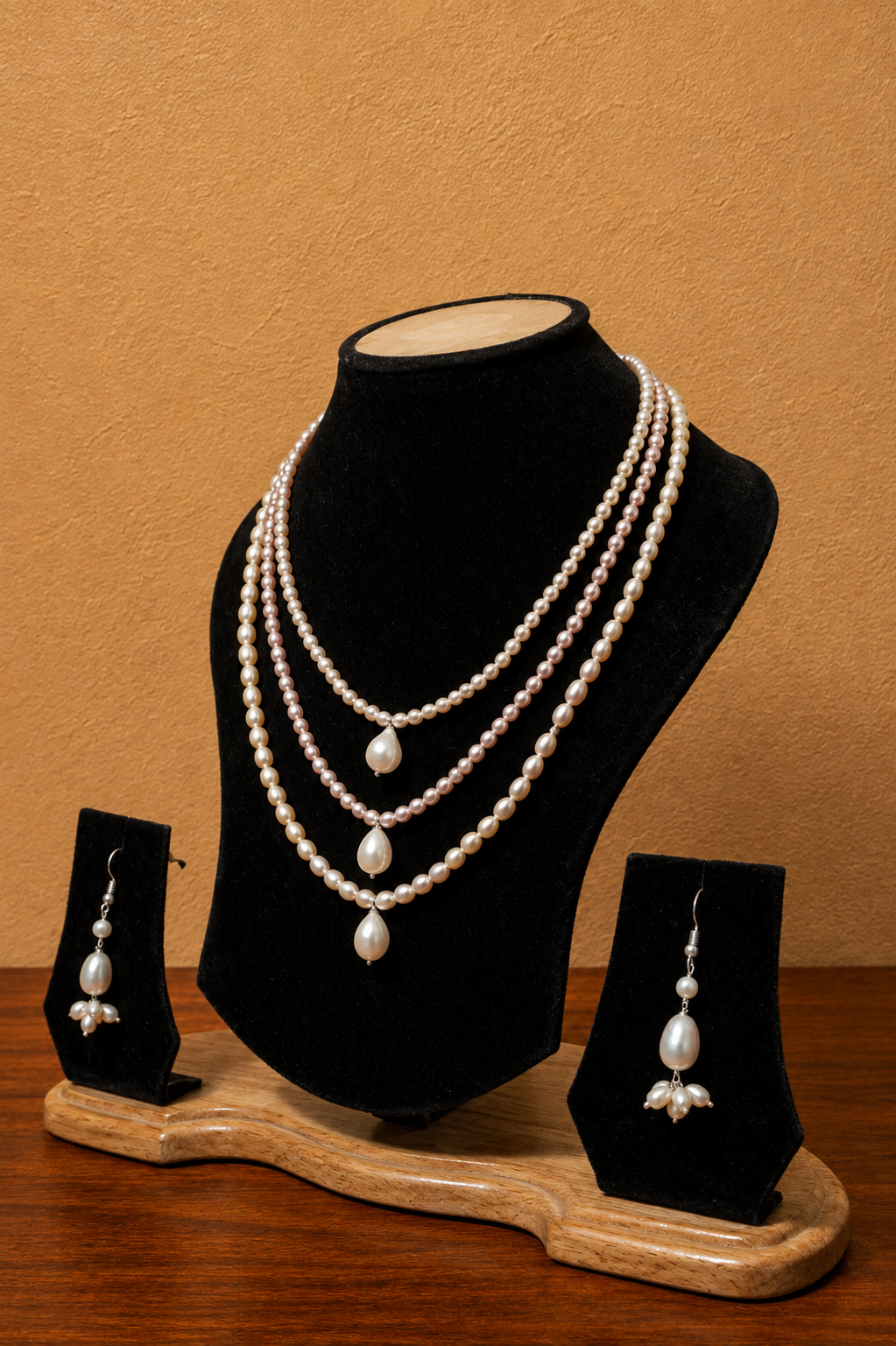 Fresh Water Pearl 3 line Necklace with Metal Clasp with Metal Earrings - Image 2