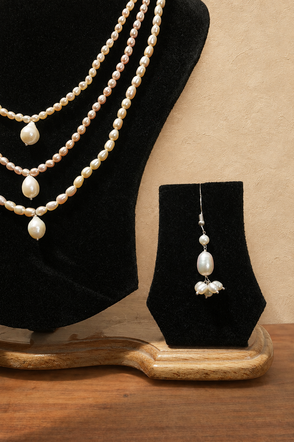 Fresh Water Pearl 3 line Necklace with Metal Clasp with Metal Earrings - Image 3