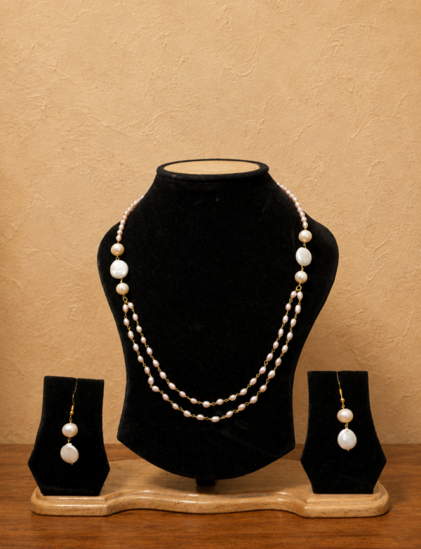 Fresh Water Pearl 2 line Necklace with Metal Clasp with Metal Earrings