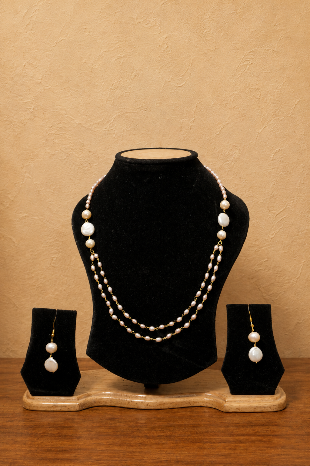 Fresh Water Pearl 2 line Necklace with Metal Clasp with Metal Earrings