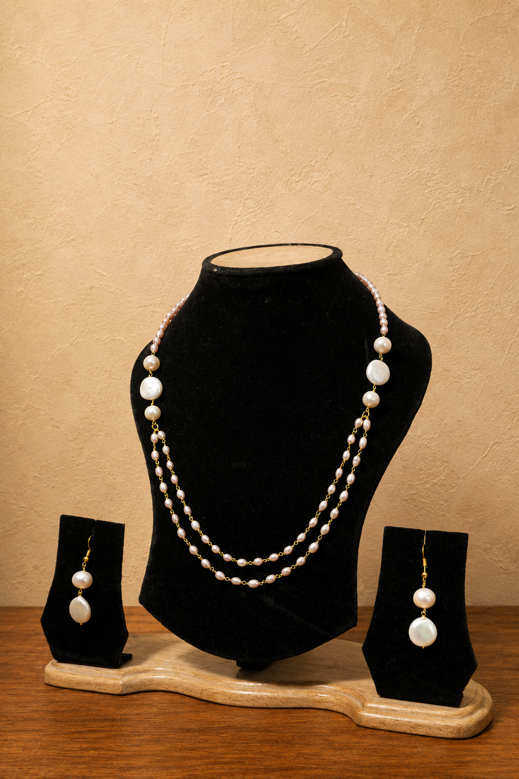 Fresh Water Pearl 2 line Necklace with Metal Clasp with Metal Earrings - Image 2