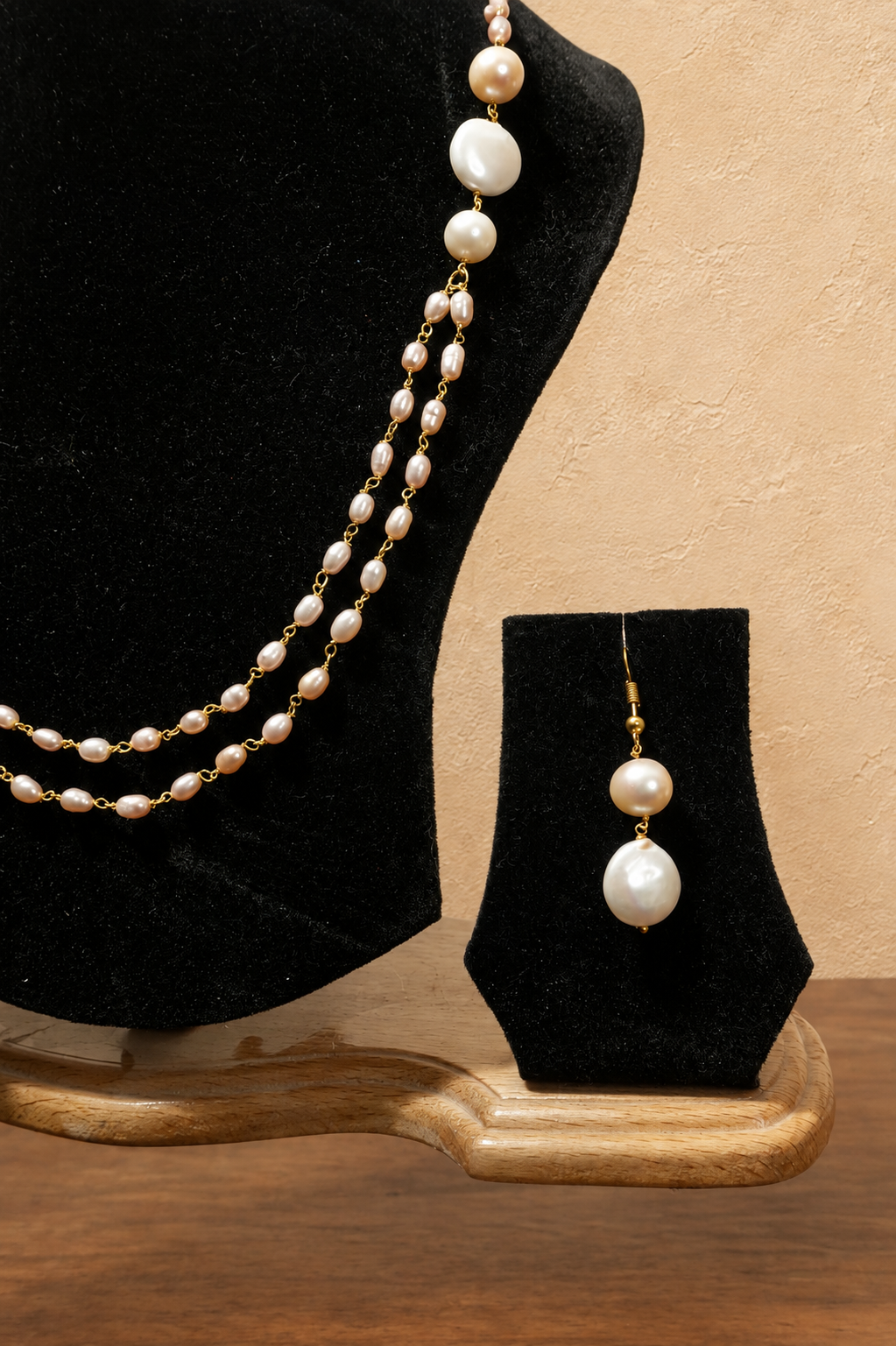 Fresh Water Pearl 2 line Necklace with Metal Clasp with Metal Earrings - Image 3