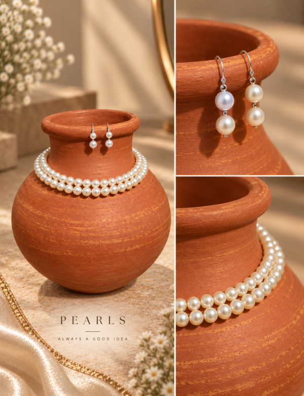 Fresh Water Pearl 2 Line Necklace With Metal Clasp With Metal Earrings