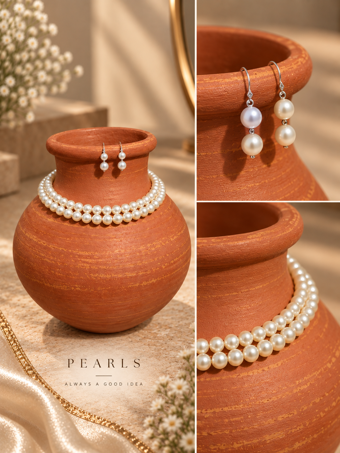 Fresh Water Pearl 2 Line Necklace With Metal Clasp With Metal Earrings