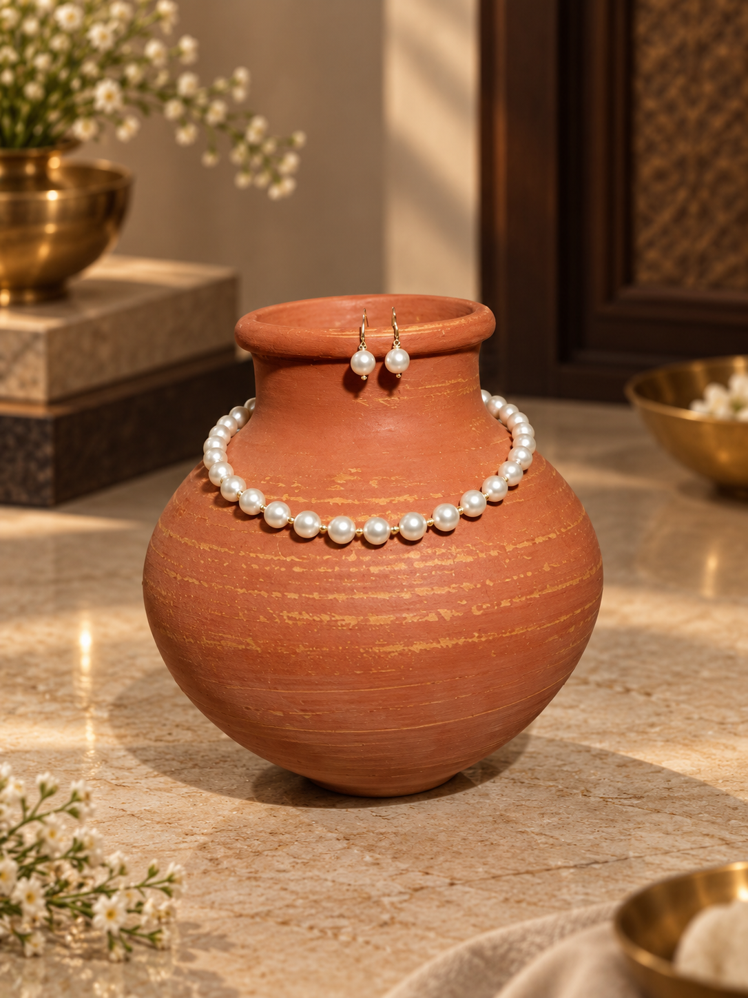FRESHWATER PEARL NECKLACE WITH METAL CLASP WITH METAL EARRINGS