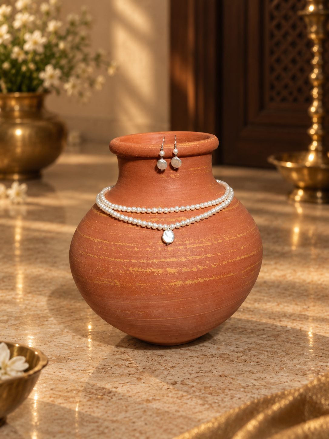 Fresh Water Pearl 2 Line Necklace With Metal Clasp With Metal Earrings - Image 2