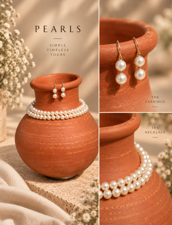 Fresh Water Pearl 2 Line Necklace With Metal Clasp With Metal Earrings