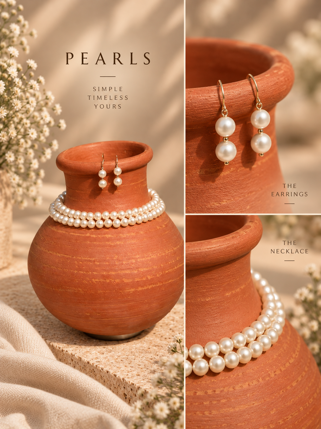 Fresh Water Pearl 2 Line Necklace With Metal Clasp With Metal Earrings