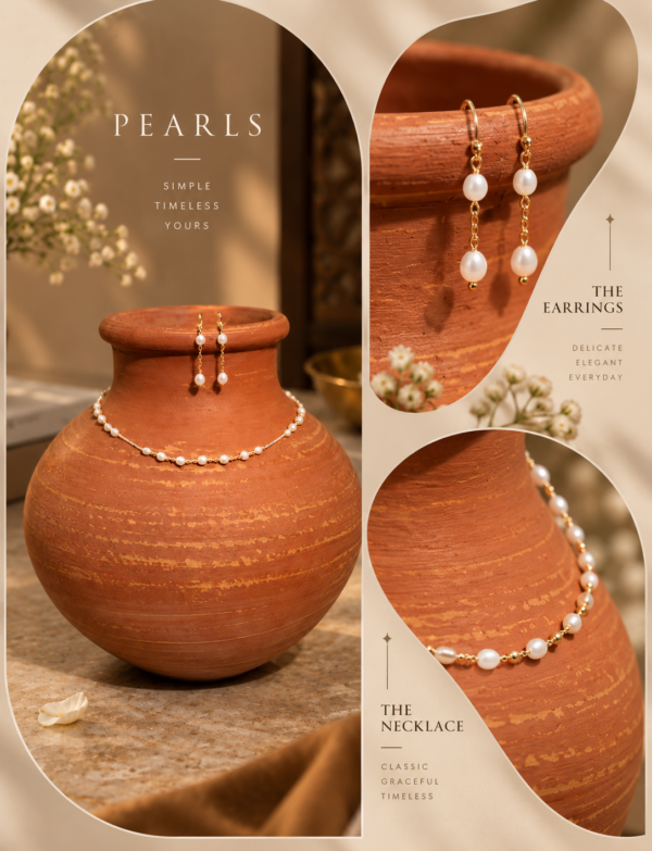 Freshwater Pearl And Metal Chain Necklace With Metal Clasp With Metal Earrings