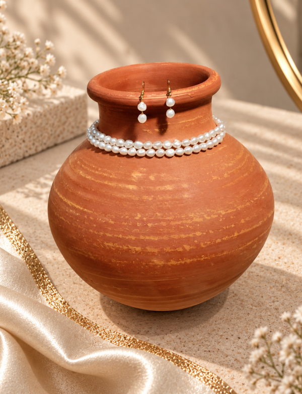 Freshwater Pearl 2 Line Necklace with Metal Clasp with Metal Earrings