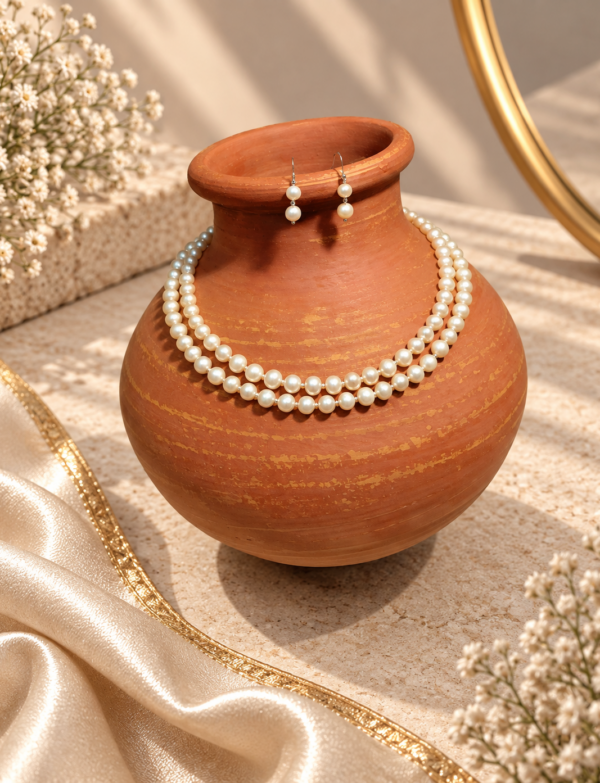 Freshwater Pearl 2 Line Necklace with Metal Clasp with Metal Earrings